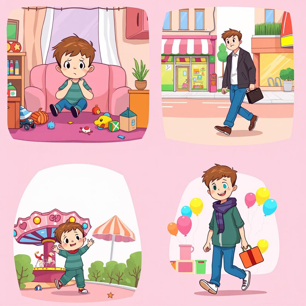 A series of four charming illustrations featuring a young boy in various scenes