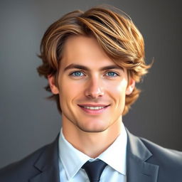 A striking portrait of a handsome man with perfectly styled hair that looks soft and voluminous, captured in a well-lit environment