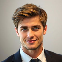 A striking portrait of a handsome man with perfectly styled hair that looks soft and voluminous, captured in a well-lit environment