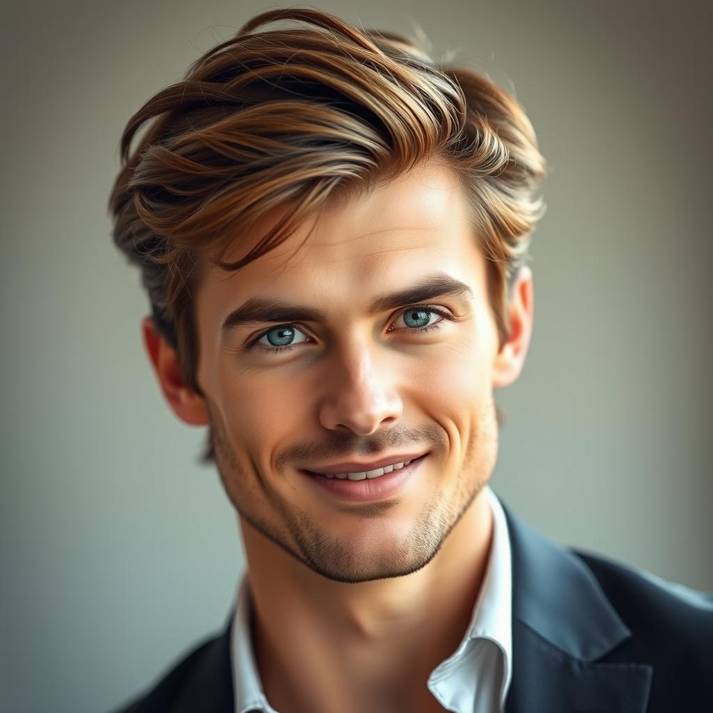 A striking portrait of a handsome man with perfectly styled hair that looks soft and voluminous, captured in a well-lit environment