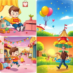 A delightful children's story illustrated in four vibrant panels