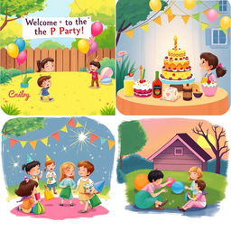 A cheerful children's story about throwing a party, depicted in four enchanting images