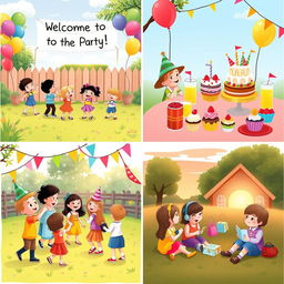 A cheerful children's story about throwing a party, depicted in four enchanting images