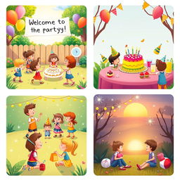 A cheerful children's story about throwing a party, depicted in four enchanting images