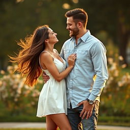 A realistic photograph of a couple, standing together in an intimate pose, sharing a joyful moment