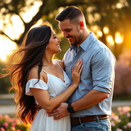 A realistic photograph of a couple, standing together in an intimate pose, sharing a joyful moment