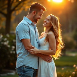 A realistic photograph of a couple, standing together in an intimate pose, sharing a joyful moment