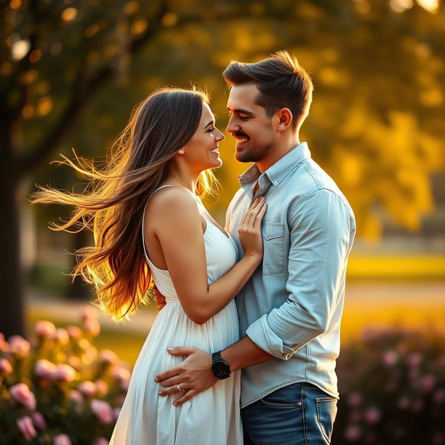 A realistic photograph of a couple, standing together in an intimate pose, sharing a joyful moment