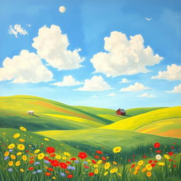 A beautiful landscape showcasing rolling hills under a bright blue sky, dotted with fluffy white clouds