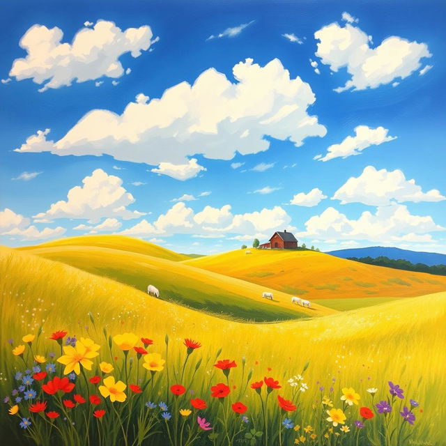 A beautiful landscape showcasing rolling hills under a bright blue sky, dotted with fluffy white clouds