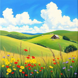 A beautiful landscape showcasing rolling hills under a bright blue sky, dotted with fluffy white clouds