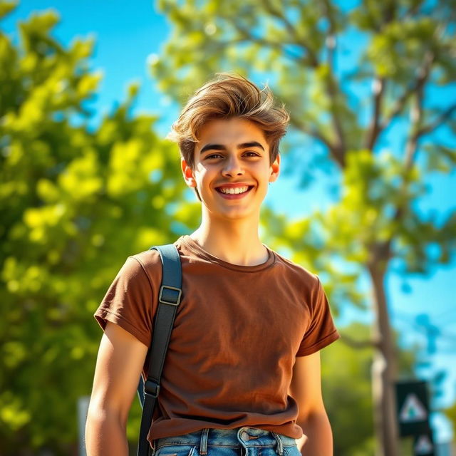 A vibrant and engaging Facebook profile photo featuring a cheerful young adult with a warm smile, standing outdoors in a sunny setting