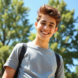 A vibrant and engaging Facebook profile photo featuring a cheerful young adult with a warm smile, standing outdoors in a sunny setting