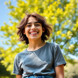 A vibrant and engaging Facebook profile photo featuring a cheerful young adult with a warm smile, standing outdoors in a sunny setting