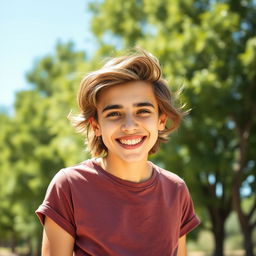 A vibrant and engaging Facebook profile photo featuring a cheerful young adult with a warm smile, standing outdoors in a sunny setting