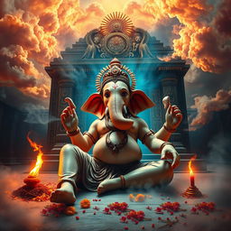 A dramatic scene depicting Lord Ganesha, the elephant-headed deity, after being beheaded, illustrating the moment of transformation