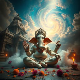A dramatic scene depicting Lord Ganesha, the elephant-headed deity, after being beheaded, illustrating the moment of transformation