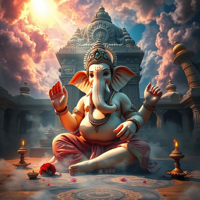 A dramatic scene depicting Lord Ganesha, the elephant-headed deity, after being beheaded, illustrating the moment of transformation