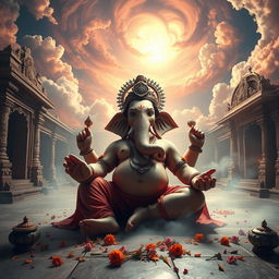 A dramatic scene depicting Lord Ganesha, the elephant-headed deity, after being beheaded, illustrating the moment of transformation