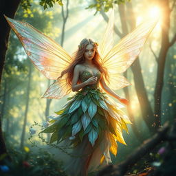 A beautiful fairy with iridescent wings, wearing a flowing, ethereal dress made of leaves and flowers, surrounded by a magical forest