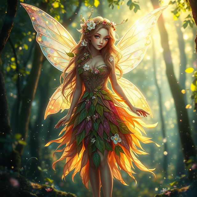 A beautiful fairy with iridescent wings, wearing a flowing, ethereal dress made of leaves and flowers, surrounded by a magical forest