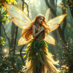 A beautiful fairy with iridescent wings, wearing a flowing, ethereal dress made of leaves and flowers, surrounded by a magical forest