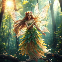 A beautiful fairy with iridescent wings, wearing a flowing, ethereal dress made of leaves and flowers, surrounded by a magical forest