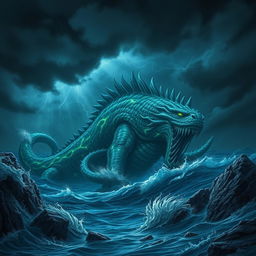 A gigantic, mythical sea monster lurking beneath the waves of a stormy ocean