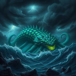 A gigantic, mythical sea monster lurking beneath the waves of a stormy ocean