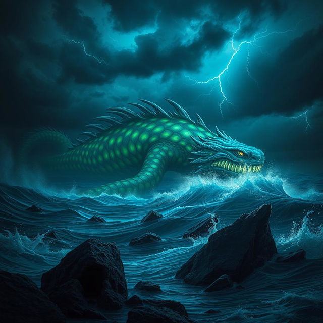 A gigantic, mythical sea monster lurking beneath the waves of a stormy ocean