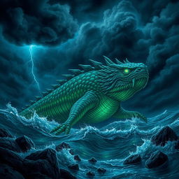 A gigantic, mythical sea monster lurking beneath the waves of a stormy ocean