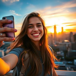 A young adult taking a selfie with an iPhone, smiling brightly