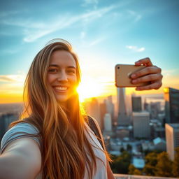 A young adult taking a selfie with an iPhone, smiling brightly