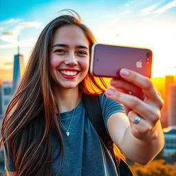 A young adult taking a selfie with an iPhone, smiling brightly
