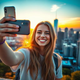 A young adult taking a selfie with an iPhone, smiling brightly