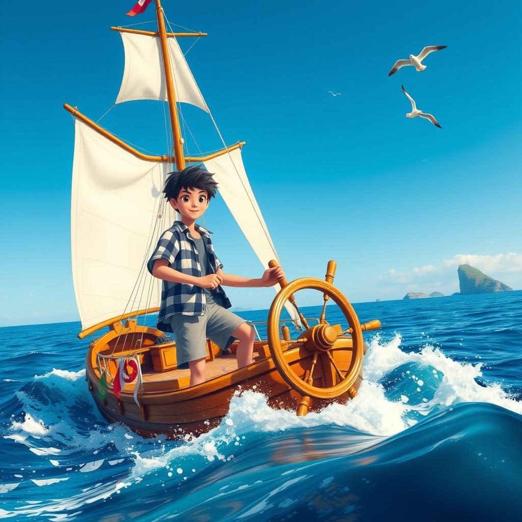 A scene depicting a teenage boy with black hair, confidently steering a magnificent ship