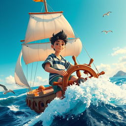 A scene depicting a teenage boy with black hair, confidently steering a magnificent ship