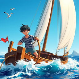A scene depicting a teenage boy with black hair, confidently steering a magnificent ship