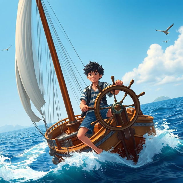 A scene depicting a teenage boy with black hair, confidently steering a magnificent ship