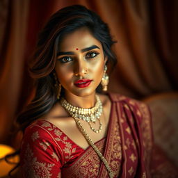 A stunning Indian beauty in an intimate setting, wearing an elegant traditional blouse and exquisite wedding finery, showcasing intricate patterns and details of her attire