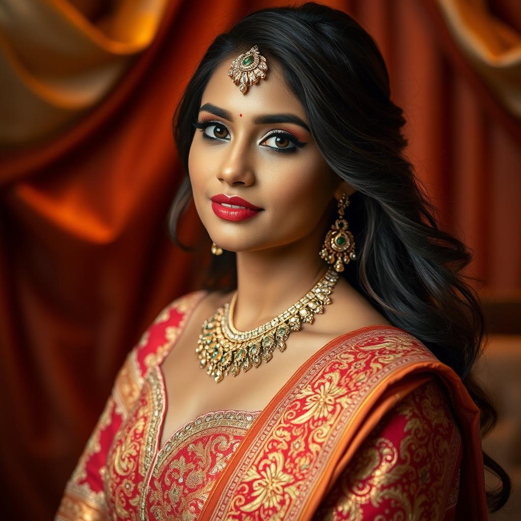 A stunning Indian beauty in an intimate setting, wearing an elegant traditional blouse and exquisite wedding finery, showcasing intricate patterns and details of her attire