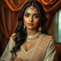 A stunning Indian beauty in an intimate setting, wearing an elegant traditional blouse and exquisite wedding finery, showcasing intricate patterns and details of her attire