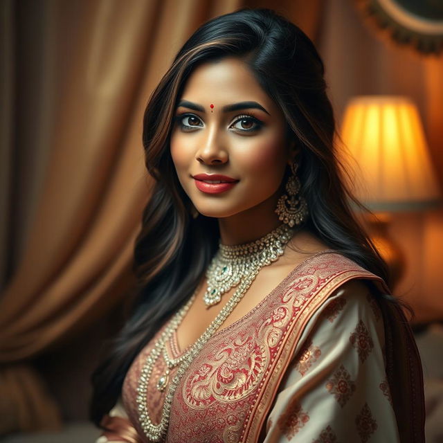 A stunning Indian beauty in an intimate setting, wearing an elegant traditional blouse and exquisite wedding finery, showcasing intricate patterns and details of her attire