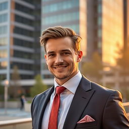 A stylish man in a well-tailored suit, standing confidently in an urban environment with a modern architectural backdrop