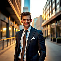 A stylish man in a well-tailored suit, standing confidently in an urban environment with a modern architectural backdrop