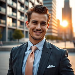 A stylish man in a well-tailored suit, standing confidently in an urban environment with a modern architectural backdrop