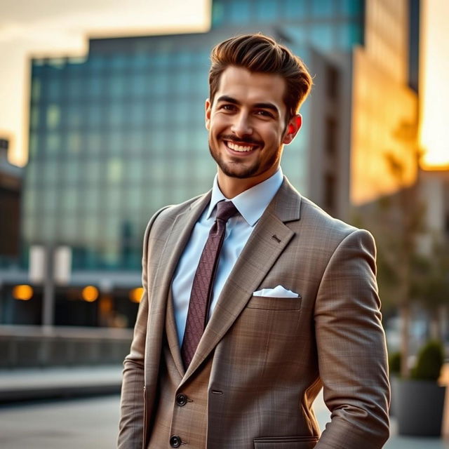 A stylish man in a well-tailored suit, standing confidently in an urban environment with a modern architectural backdrop