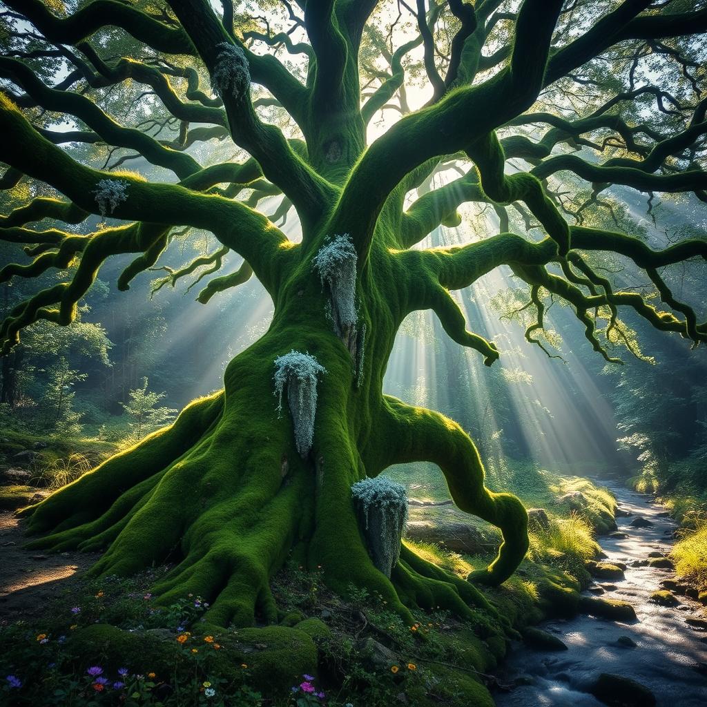 A majestic elder tree, its gnarled branches stretching outwards, covered in vibrant green moss and delicate wisps of soft, white lichen