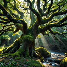 A majestic elder tree, its gnarled branches stretching outwards, covered in vibrant green moss and delicate wisps of soft, white lichen