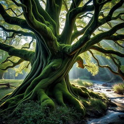 A majestic elder tree, its gnarled branches stretching outwards, covered in vibrant green moss and delicate wisps of soft, white lichen